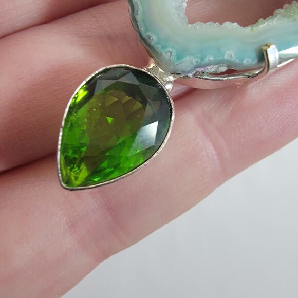 Handmade Silver Pendant with Green Druzy Agate, Pearl & Chrome Diopside - Picture 8 of 10